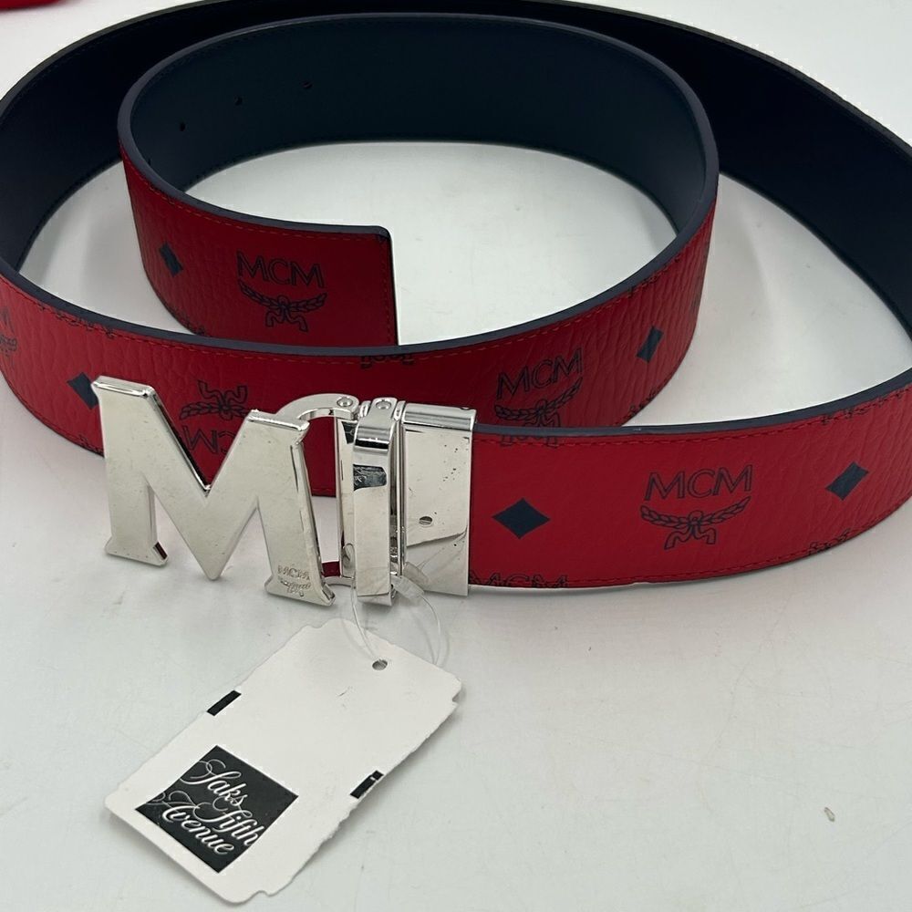 Men’s MCM monogram, red leather reversible belt size 50 can be made smaller